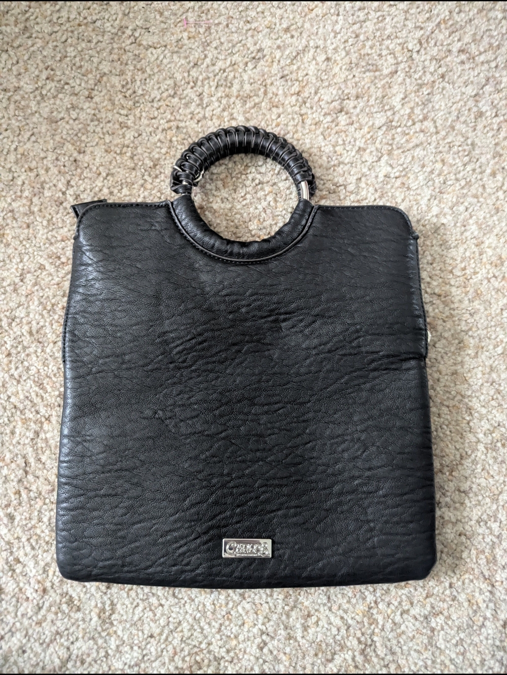 Black Leather Ring-Handle Clutch